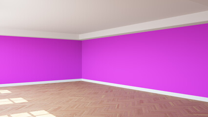 Beautiful Sunlit Interior Corner with a White Ceiling and Cornice, Pink Walls, Glossy Herringbone Parquet Floor, and a White Plinth. Unfurnished Room Concept. 3d render, Ultra HD 8K, 7680x4320