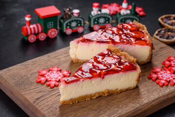 Delicious christmas strawberry tart on concrete background, top view, copy space