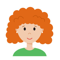 Funny cartoon woman face, cute avatar or portrait. Girl with orange curly hair. Young character for web in flat style. Print for sticker, emoji, icon. Minimalistic face, vector illustration. 