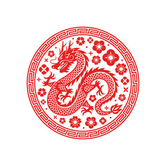 Chinese Dragon circle emblem red silhouette icon isolated on white background. Vector illustration. China lunar calendar animal, 2024 New year. Asian style tattoo template, floral spring pattern