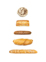 Compilation image of dark bread bun, ciabatta and baguettes on white background.