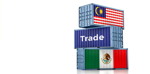 Cargo containers with Malaysia and Mexico national flags. 3D Rendering