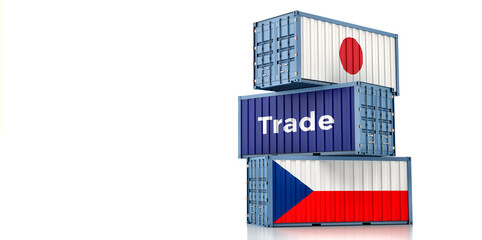 Cargo containers with Japan and Czech Republic national flags. 3D Rendering