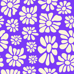 Floral abstract seamless pattern with cute hand drawn flowers  on a blue background. Naive minimal art print. Trendy vector illustration