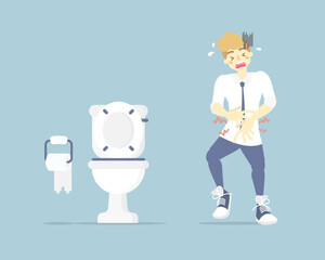 man having stomach ache, needing to urinate, holding his pee, poo, bladder, suffering from diarrhea or constipation, health care concept, sanitation concept, flat character design vector illustration