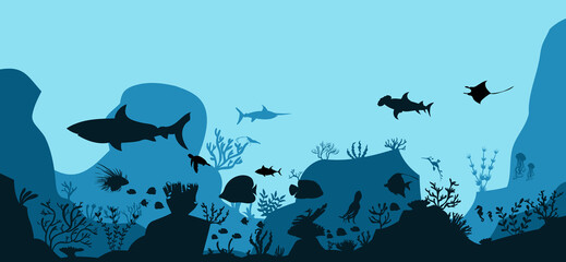 silhouette of coral reef with fish  on blue sea background underwater vector illustration

