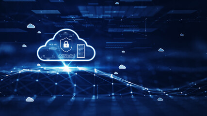 Cloud and edge computing technology concept with cybersecurity data protection system. There is a prominent large cloud icon on the left side. Interconnected polygons on a dark blue background.