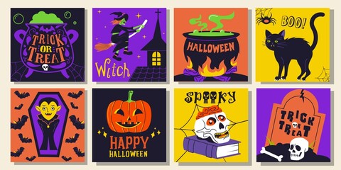 Vector Halloween greeting card. Postcards with pumpkin, vampires, witch and other elements.Great design for Halloween party, menu or invitation.
