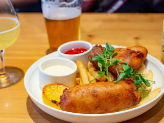 Fish and chips dish in a restaurant
