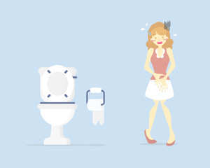woman having stomach ache, needing to urinate, holding her pee, suffering from diarrhea or constipation, health care concept, sanitation concept, flat character design vector illustration cartoon