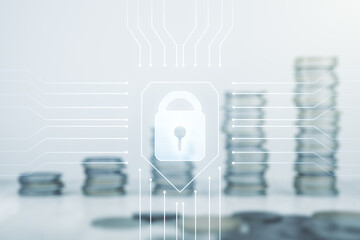 Virtual creative lock symbol and microcircuit illustration on stacks of coins background. Protection and firewall concept. Multiexposure