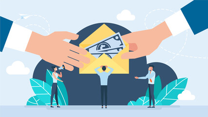 Corrupt man received money in envelope. Condemnation of criminal acts. Man giving bribe money in a yellow envelope to another businessman in a corruption scam. Dishonesty. Business vector illustration - obrazy, fototapety, plakaty