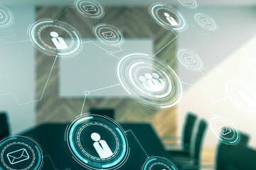 Abstract virtual social network hologram on a modern coworking room background. Double exposure