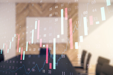 Double exposure of virtual creative financial diagram on a modern boardroom background, banking and accounting concept