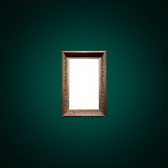 Antique art fair gallery frame on royal green wall at auction house or museum exhibition, blank...