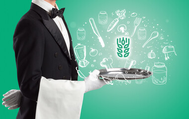 Obraz na płótnie Canvas Waiter holding silver tray with food icons above