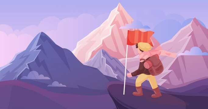 Animation of the mountain terrain. installation of the flag on the top of the mountain.