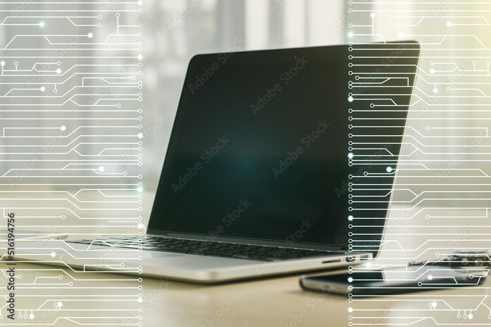 Aufkleber double exposure of circuit hologram on laptop background. research and development hardware concept
