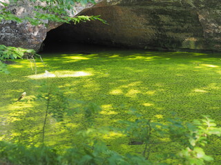 entrance to the cave through which there is green water