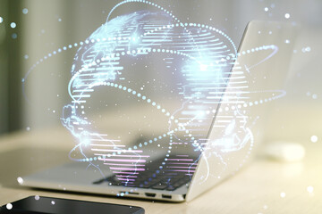 Abstract graphic digital world map with connections on modern computer background, globalization concept. Multiexposure