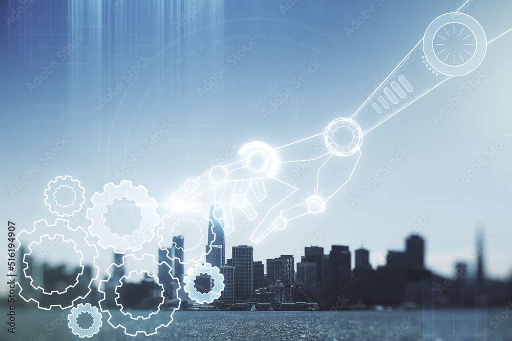 Aufkleber abstract virtual robotics technology hologram on san francisco skyline background. robot development