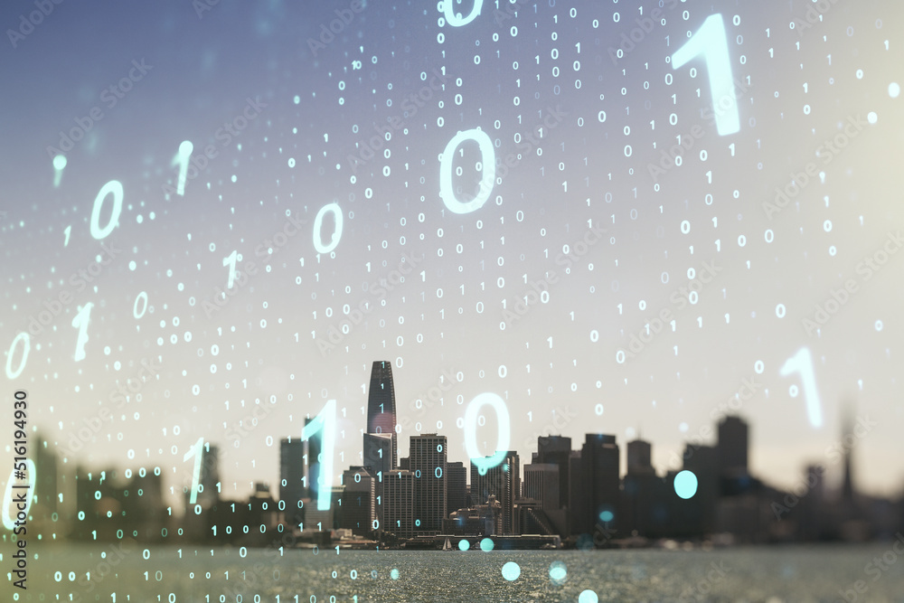 Poster abstract virtual binary code sketch on san francisco office buildings background, hacking and matrix