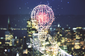 Virtual Idea concept with light bulb illustration on blurry skyline background. Multiexposure