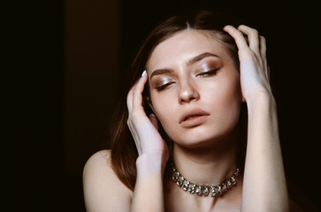 Naklejka premium Beauty skin woman healthy hair and skin care concept over dark background