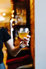 a cocktail with lemon is held in the hand