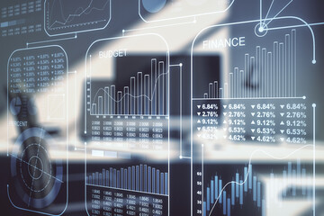 Abstract creative analytics data spreadsheet and modern desktop with pc on background, analytics and analysis concept. Multiexposure