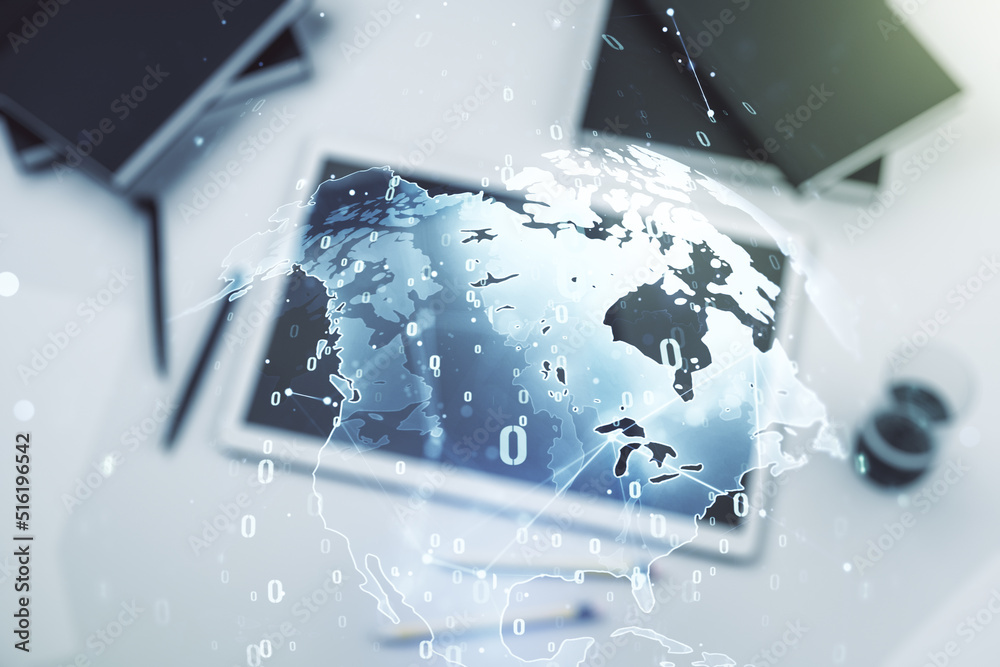Poster double exposure of abstract creative programming illustration with world map and modern digital tabl