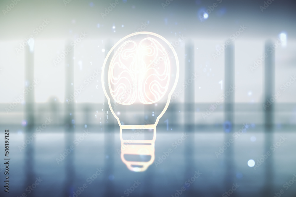 Aufkleber abstract virtual idea concept with light bulb and human brain illustration on empty corporate office
