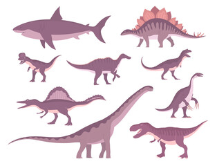 Set of ancient carnivorous and herbivorous dinosaurs. Stegosaurus, tyrannosaurus rex, megalodon and spinosaurus. Extinct lizard of the Jurassic period. Paleontology animals. Vector isolated illustrati