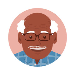 Portrait of a old young man with a happy smile. African American grandfather face with glasses. Gray hair. Round avatar icon. Flat vector illustration isolated on white background