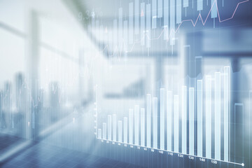 Double exposure of virtual creative financial diagram on empty room interior background, banking and accounting concept