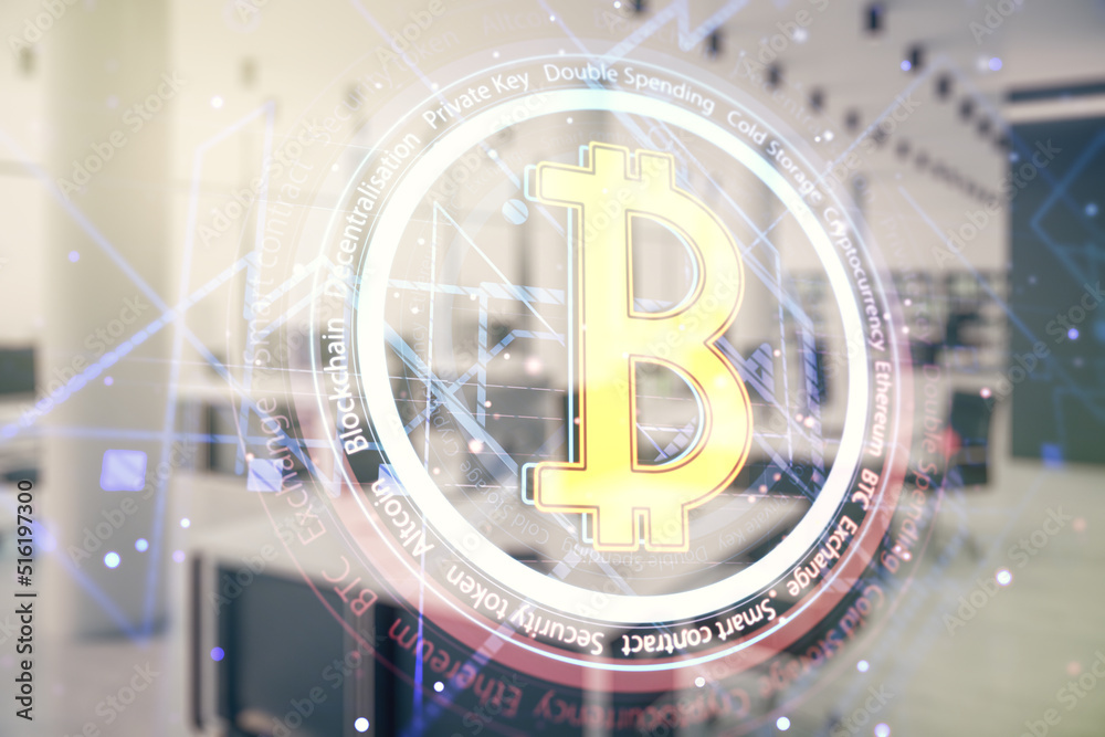 Poster Double exposure of creative Bitcoin symbol hologram on a modern furnished office interior background. Mining and blockchain concept