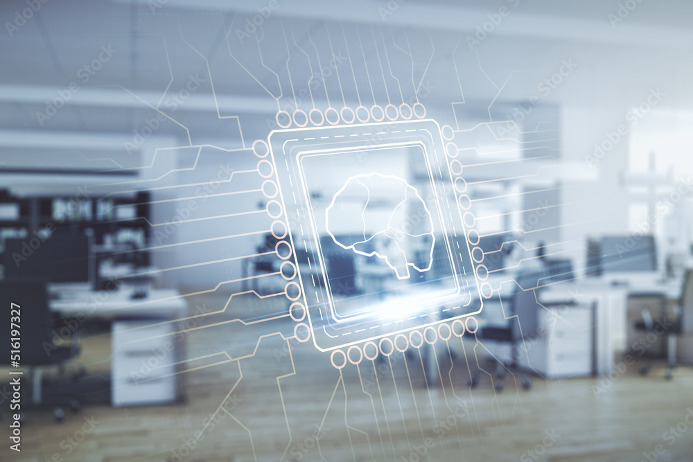 Aufkleber Double exposure of creative artificial Intelligence interface on modern corporate office background. Neural networks and machine learning concept