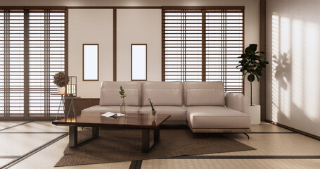 Sofa on room tropical interior with tatami mat floor and white wall.3D rendering