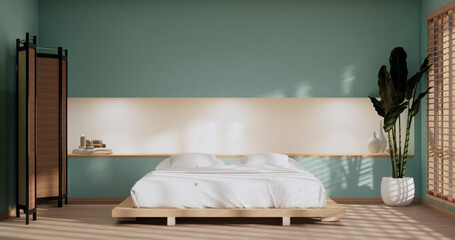 Mint Modern peaceful Bedroom. japan style bedroom.3D rendering