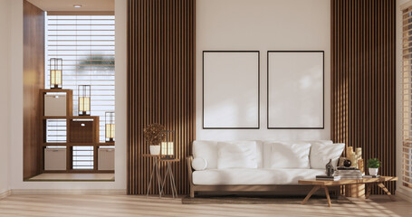 Sofa on room tropical interior with tatami mat floor and white wall.3D rendering