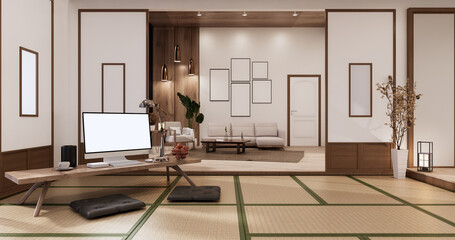 Living room interior on tatami mat floor, computer on low table and pillow.3D rendering