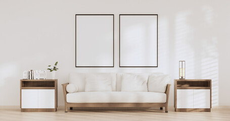 Fototapeta na wymiar Sofa on room tropical interior with tatami mat floor and white wall.3D rendering