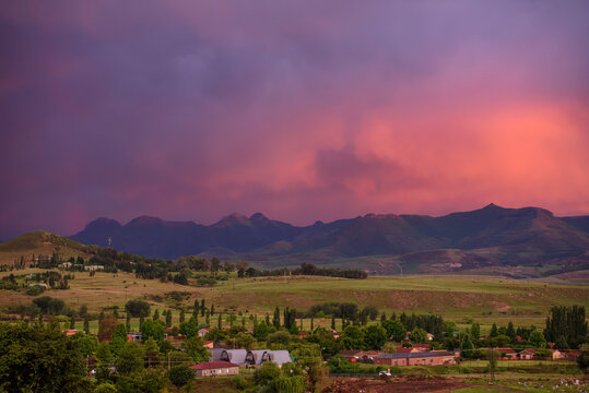 A view of the mountains at sunset from Clarens town in the Free State, South Africa, near the Golden Gate Highlands National Park