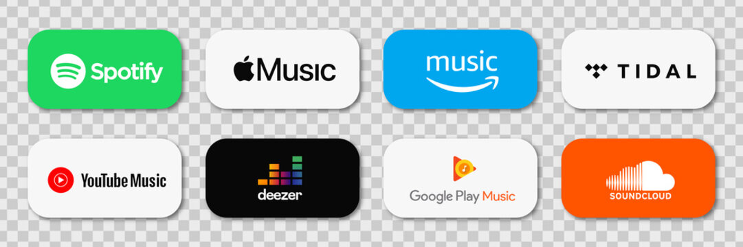 Music streaming services. Set of buttons with logos: Spotify, Apple music, Amazon music, Tidal, Youtube music, Deezer, and other. Vector illustration. VINNYTSIA, UKRAINE - JULY 10, 2022