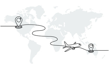Continuous line drawing of aircraft flight routes and airport destinations. airplane line path icon of airplane flight route with starting point location and single line trail in doodle style.