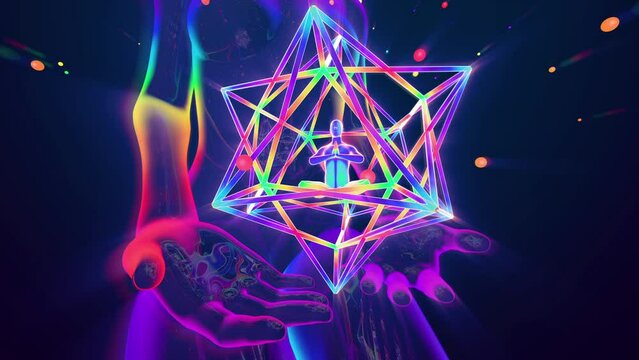 looped 3d animation of a vortex of astral energy of a meditating saint inside the sacred geometry of "merkaba" in the hands of a supreme being