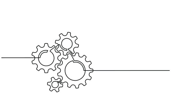 recommend clip art: Continuous line drawing of machine gears. Vector illustration of a gear wheel with gears on a transparent background. Engine gear technology concept in doodle style