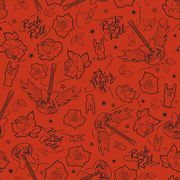 Rock and Roll Roses and Guitars on Red Background