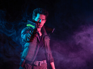 A guy in a cyberpunk image, aiming a gun at someone. a futuristic character. A young man in neon lighting on a black background