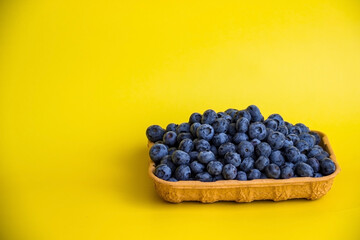 Blueberry in carton recycle container on yellow background